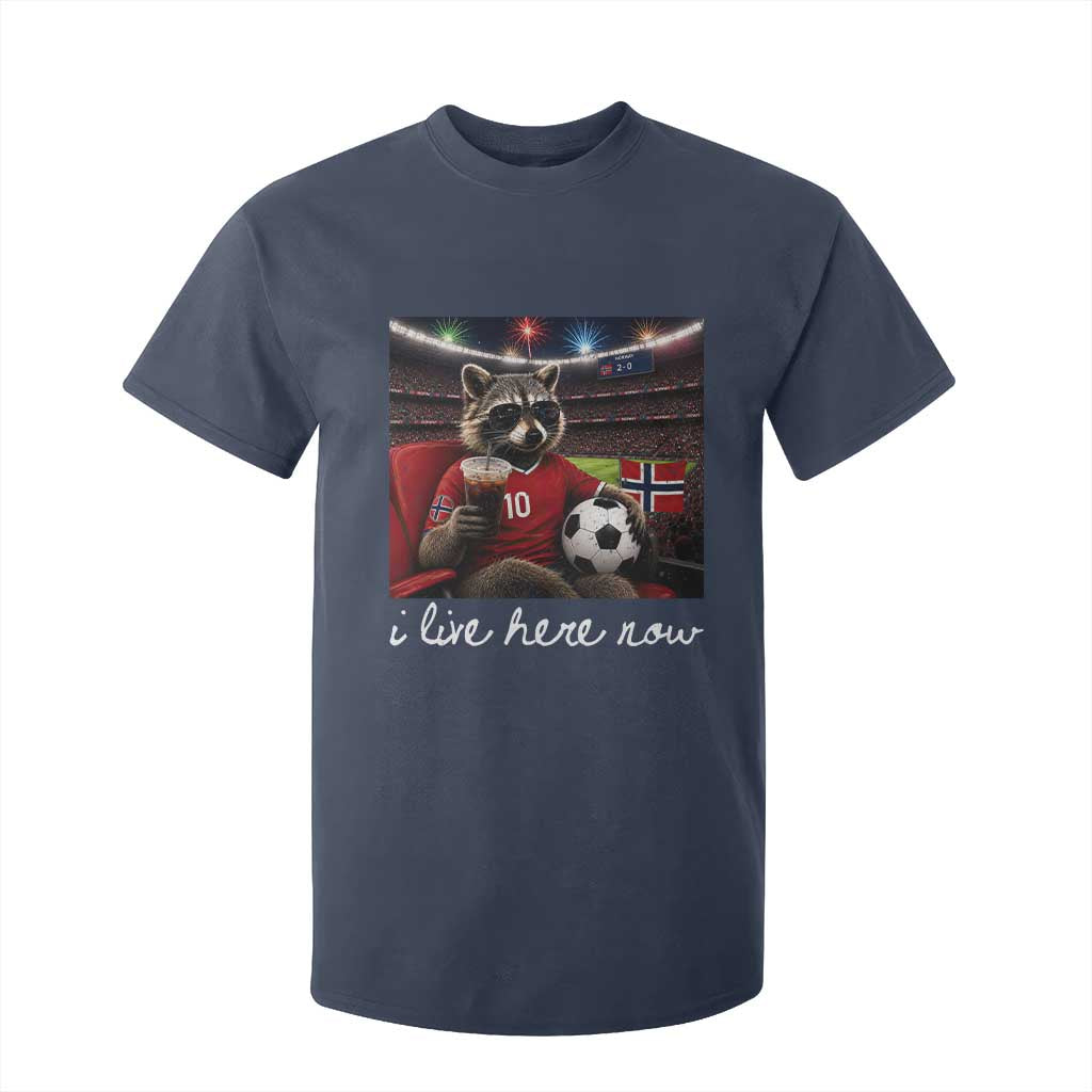 Norway Soccer Football Fan Norge Norwegian Flag T Shirt For Kid Funny Raccoon Drinking Iced Coffee TS14 Navy Print Your Wear