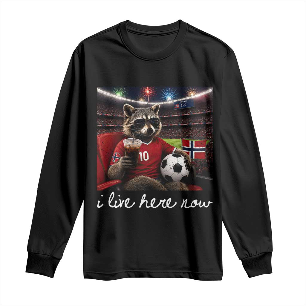 Norway Soccer Football Fan Norge Norwegian Flag Long Sleeve Shirt Funny Raccoon Drinking Iced Coffee TS14 Black Print Your Wear