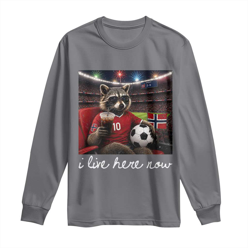 Norway Soccer Football Fan Norge Norwegian Flag Long Sleeve Shirt Funny Raccoon Drinking Iced Coffee TS14 Charcoal Print Your Wear