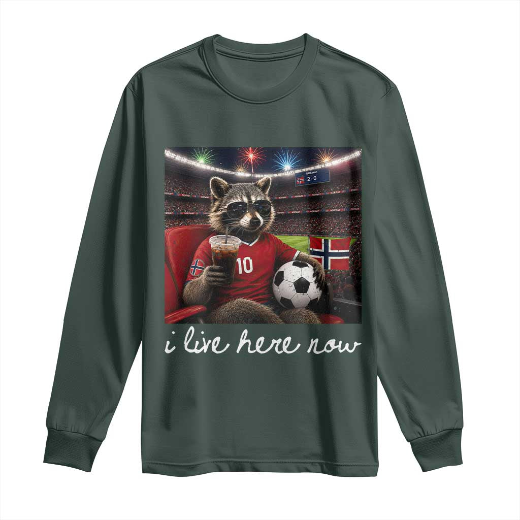 Norway Soccer Football Fan Norge Norwegian Flag Long Sleeve Shirt Funny Raccoon Drinking Iced Coffee TS14 S Dark Forest Green Print Your Wear