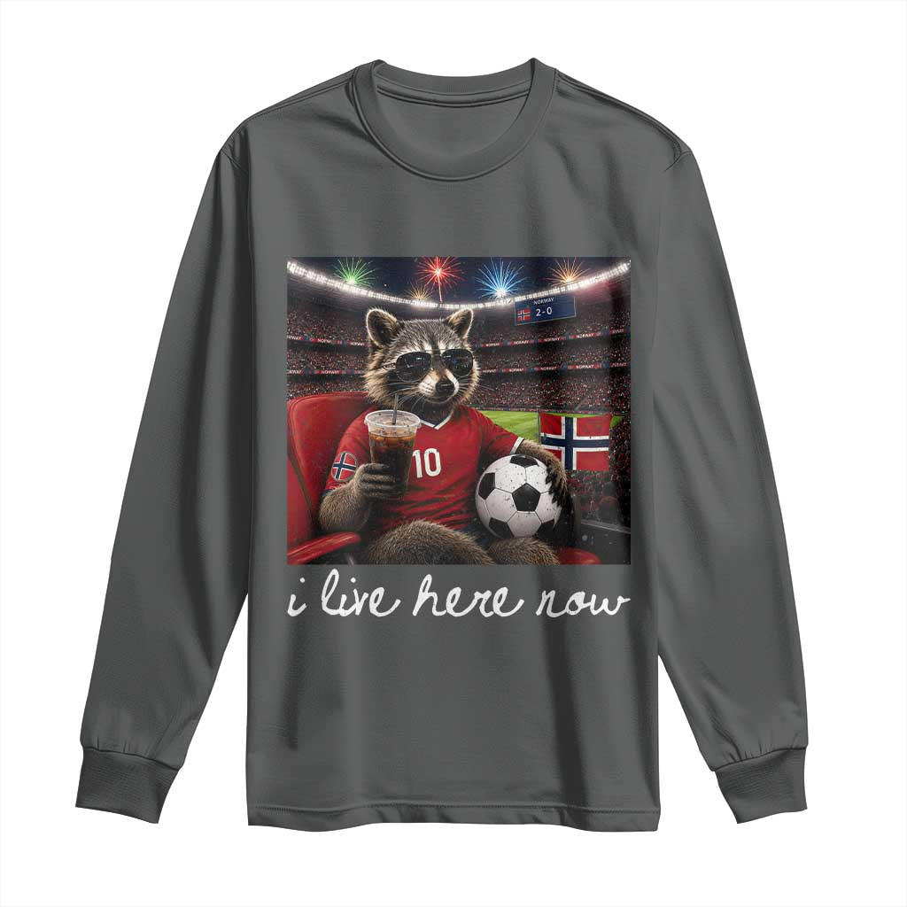 Norway Soccer Football Fan Norge Norwegian Flag Long Sleeve Shirt Funny Raccoon Drinking Iced Coffee TS14 Dark Heather Print Your Wear