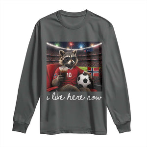 Norway Soccer Football Fan Norge Norwegian Flag Long Sleeve Shirt Funny Raccoon Drinking Iced Coffee TS14 Dark Heather Print Your Wear