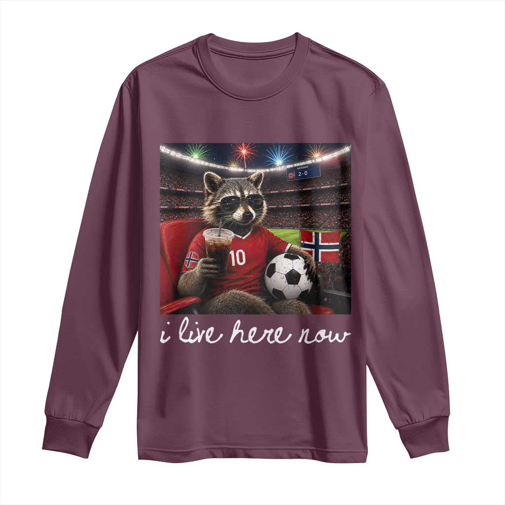 Norway Soccer Football Fan Norge Norwegian Flag Long Sleeve Shirt Funny Raccoon Drinking Iced Coffee TS14 Maroon Print Your Wear