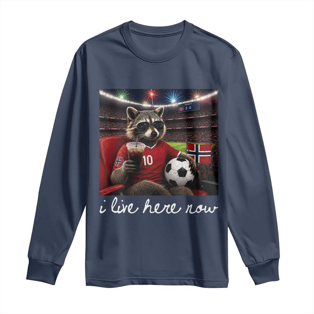 Norway Soccer Football Fan Norge Norwegian Flag Long Sleeve Shirt Funny Raccoon Drinking Iced Coffee TS14 Navy Print Your Wear