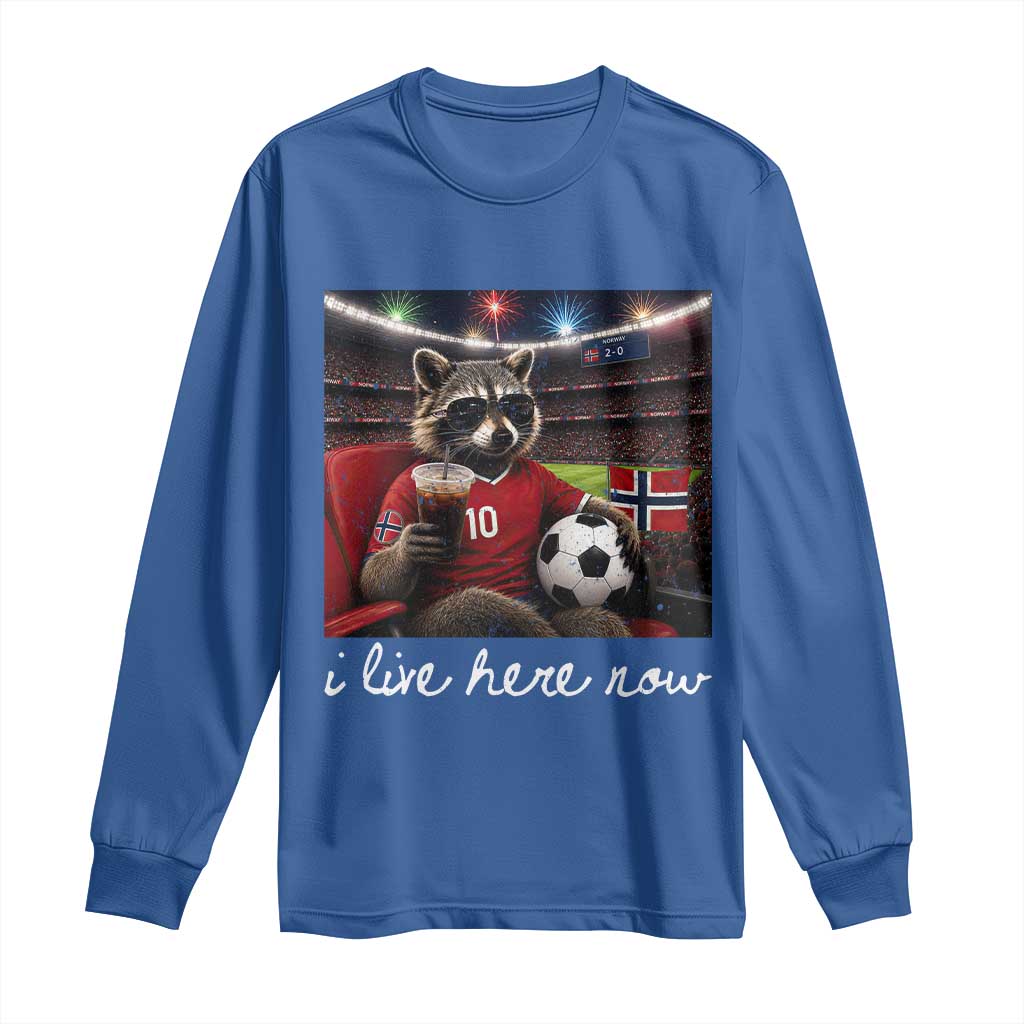 Norway Soccer Football Fan Norge Norwegian Flag Long Sleeve Shirt Funny Raccoon Drinking Iced Coffee TS14 Royal Blue Print Your Wear