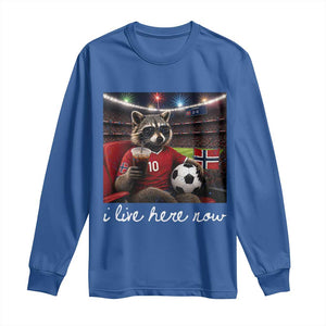 Norway Soccer Football Fan Norge Norwegian Flag Long Sleeve Shirt Funny Raccoon Drinking Iced Coffee TS14 Royal Blue Print Your Wear