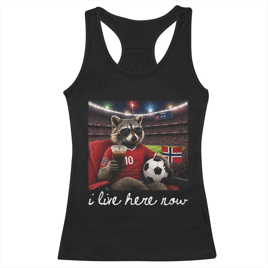 Norway Soccer Football Fan Norge Norwegian Flag Racerback Tank Top Funny Raccoon Drinking Iced Coffee TS14 Black Print Your Wear