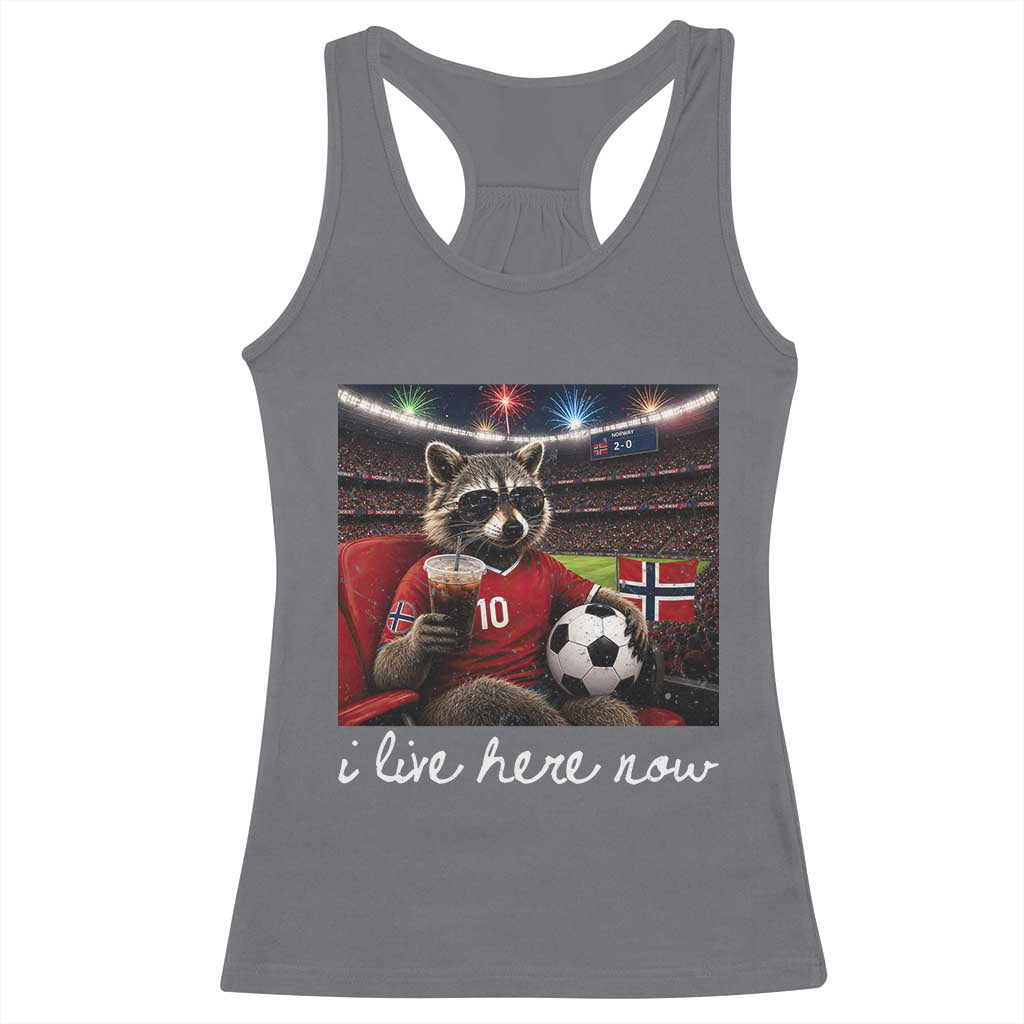 Norway Soccer Football Fan Norge Norwegian Flag Racerback Tank Top Funny Raccoon Drinking Iced Coffee TS14 Charcoal Print Your Wear