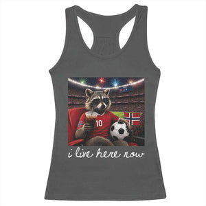 Norway Soccer Football Fan Norge Norwegian Flag Racerback Tank Top Funny Raccoon Drinking Iced Coffee TS14 Dark Heather Print Your Wear