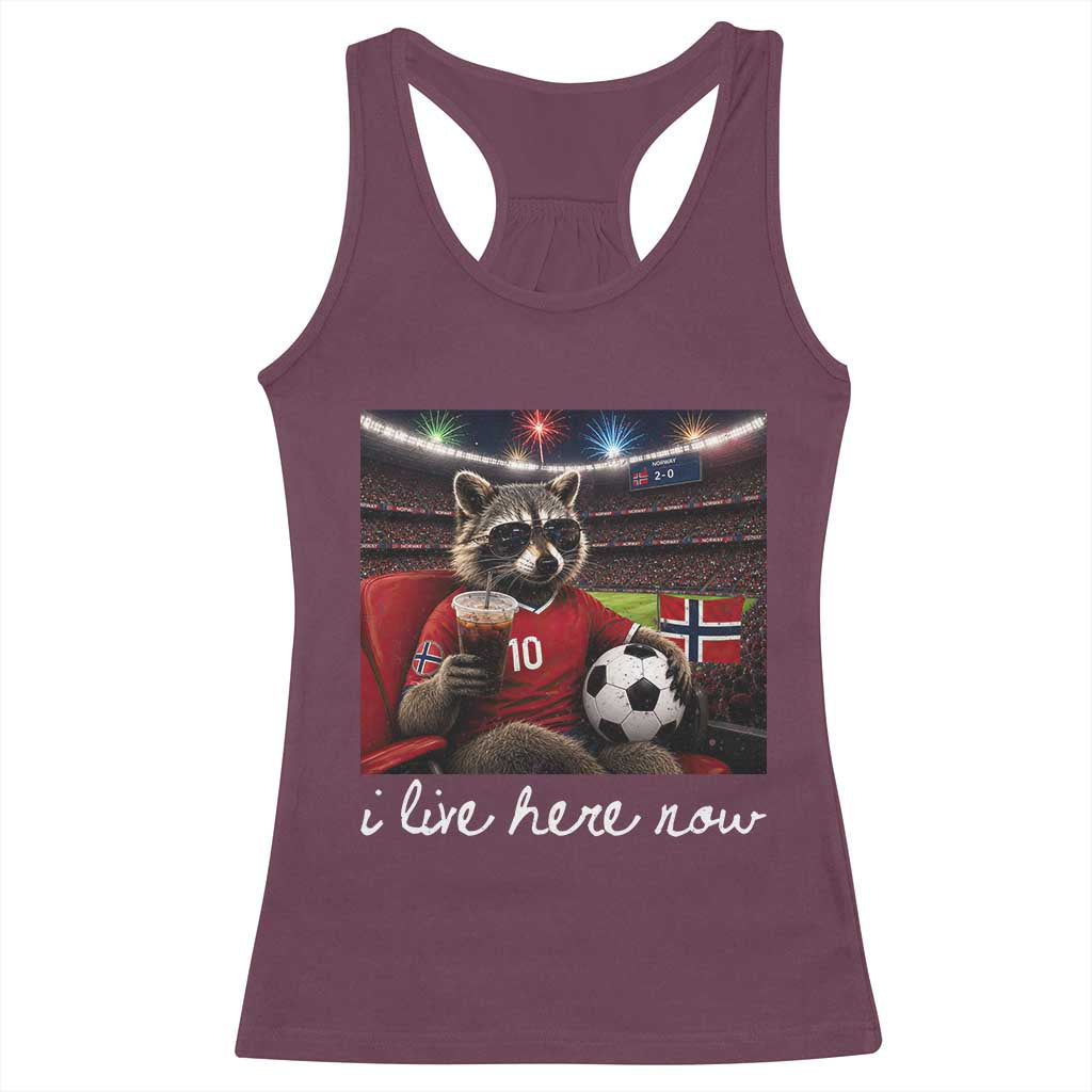 Norway Soccer Football Fan Norge Norwegian Flag Racerback Tank Top Funny Raccoon Drinking Iced Coffee TS14 Maroon Print Your Wear