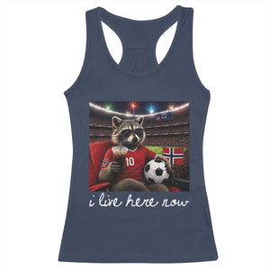 Norway Soccer Football Fan Norge Norwegian Flag Racerback Tank Top Funny Raccoon Drinking Iced Coffee TS14 Navy Print Your Wear
