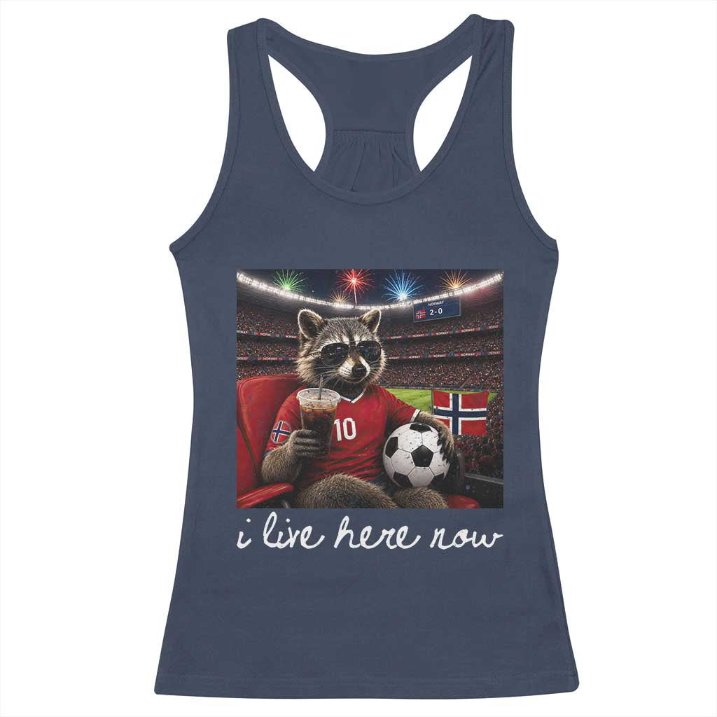 Norway Soccer Football Fan Norge Norwegian Flag Racerback Tank Top Funny Raccoon Drinking Iced Coffee TS14 Navy Print Your Wear