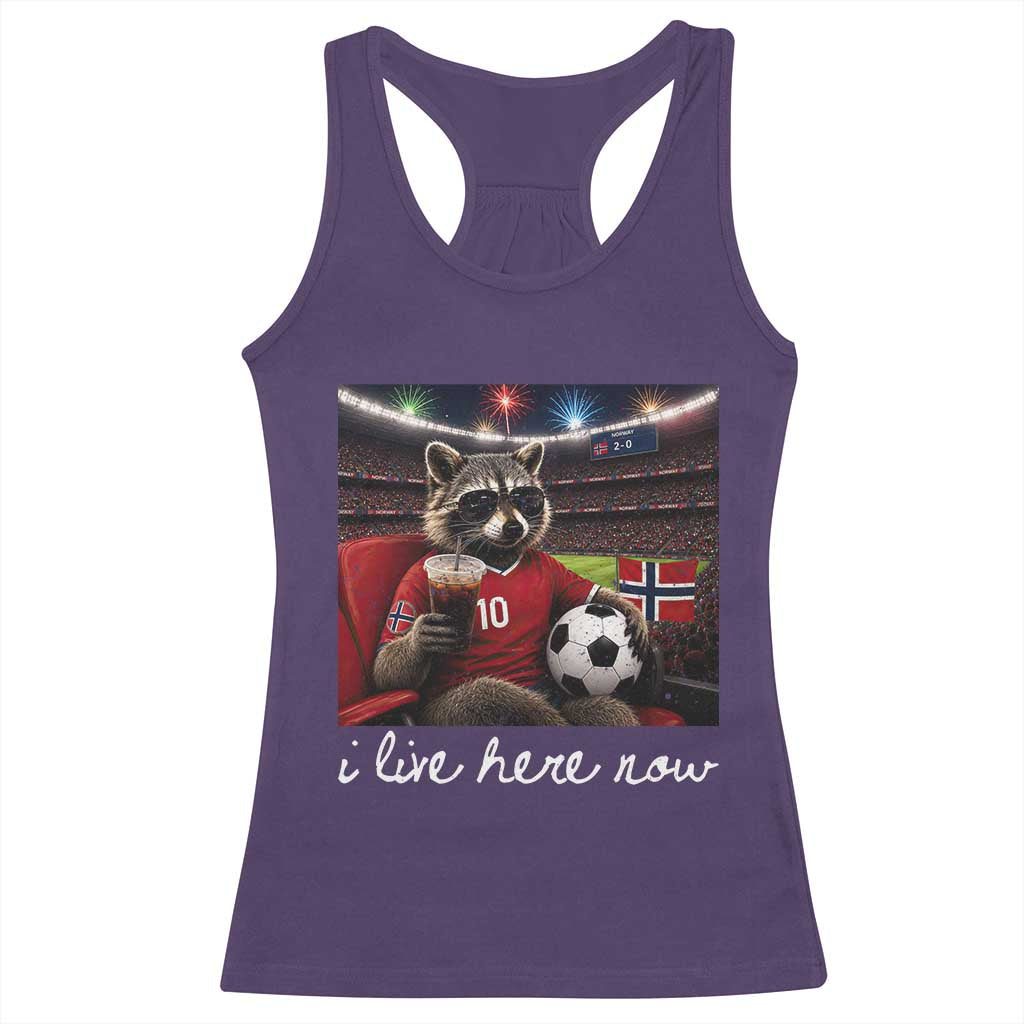 Norway Soccer Football Fan Norge Norwegian Flag Racerback Tank Top Funny Raccoon Drinking Iced Coffee TS14 Purple Print Your Wear