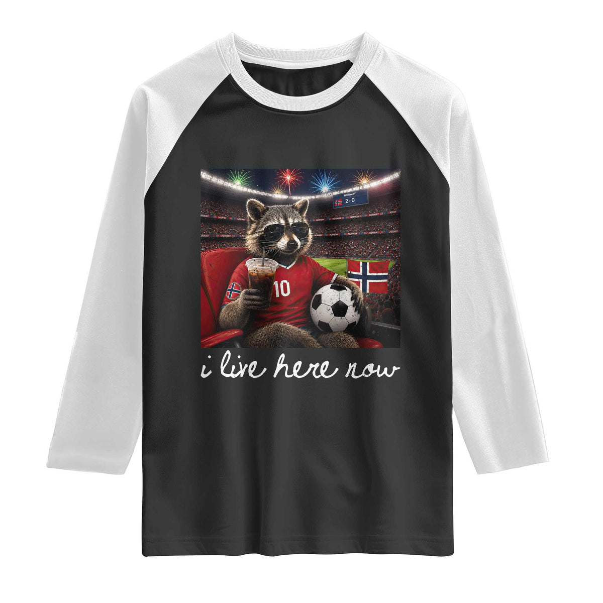 Norway Soccer Football Fan Norge Norwegian Flag Raglan Shirt Funny Raccoon Drinking Iced Coffee TS14 Black White Print Your Wear