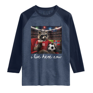 Norway Soccer Football Fan Norge Norwegian Flag Raglan Shirt Funny Raccoon Drinking Iced Coffee TS14 Heather Denim Navy Print Your Wear
