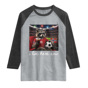 Norway Soccer Football Fan Norge Norwegian Flag Raglan Shirt Funny Raccoon Drinking Iced Coffee TS14 Heather Gray Heather Charcoal Print Your Wear