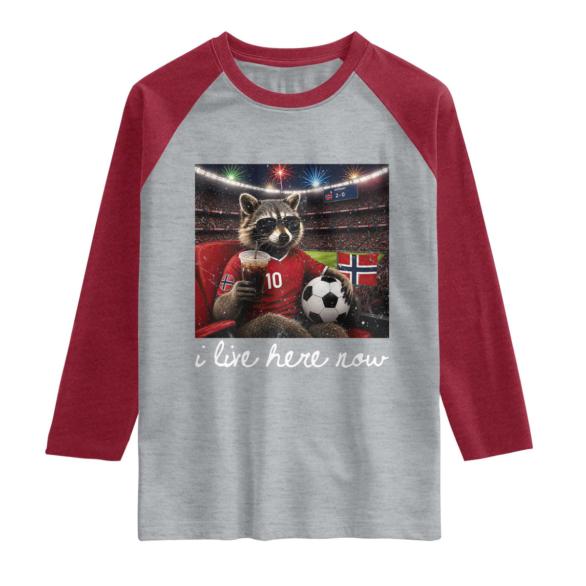 Norway Soccer Football Fan Norge Norwegian Flag Raglan Shirt Funny Raccoon Drinking Iced Coffee TS14 Heather Gray Heather Red Print Your Wear