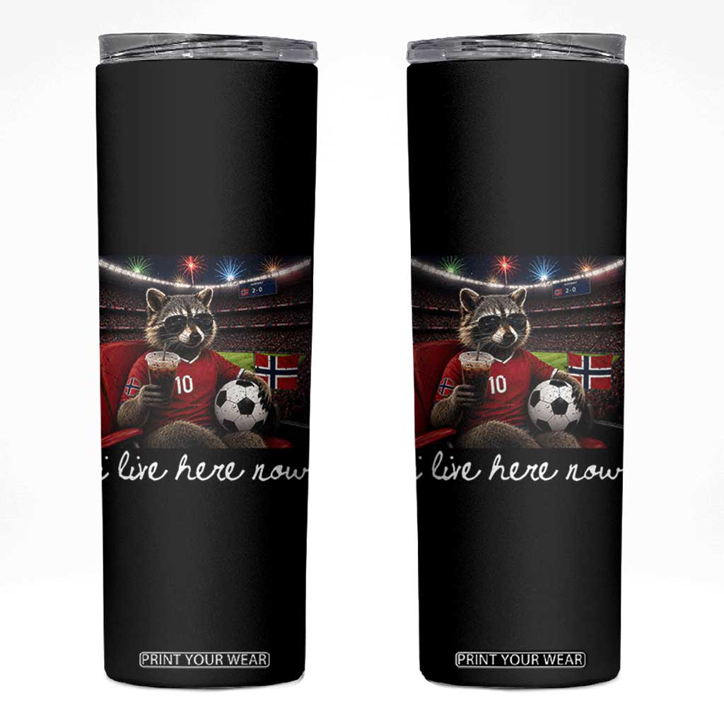 Norway Soccer Football Fan Norge Norwegian Flag Skinny Tumbler Funny Raccoon Drinking Iced Coffee TS14 Black Print Your Wear
