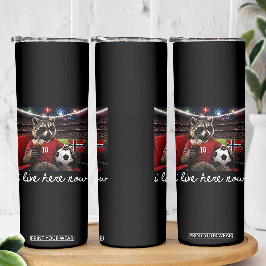 Norway Soccer Football Fan Norge Norwegian Flag Skinny Tumbler Funny Raccoon Drinking Iced Coffee TS14 Print Your Wear