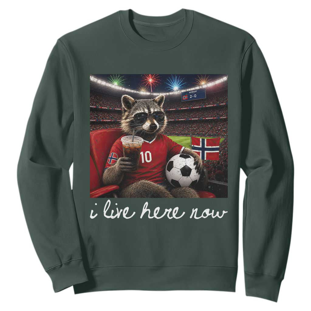 Norway Soccer Football Fan Norge Norwegian Flag Sweatshirt Funny Raccoon Drinking Iced Coffee TS14 Dark Forest Green Print Your Wear