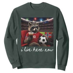 Norway Soccer Football Fan Norge Norwegian Flag Sweatshirt Funny Raccoon Drinking Iced Coffee TS14 Dark Forest Green Print Your Wear