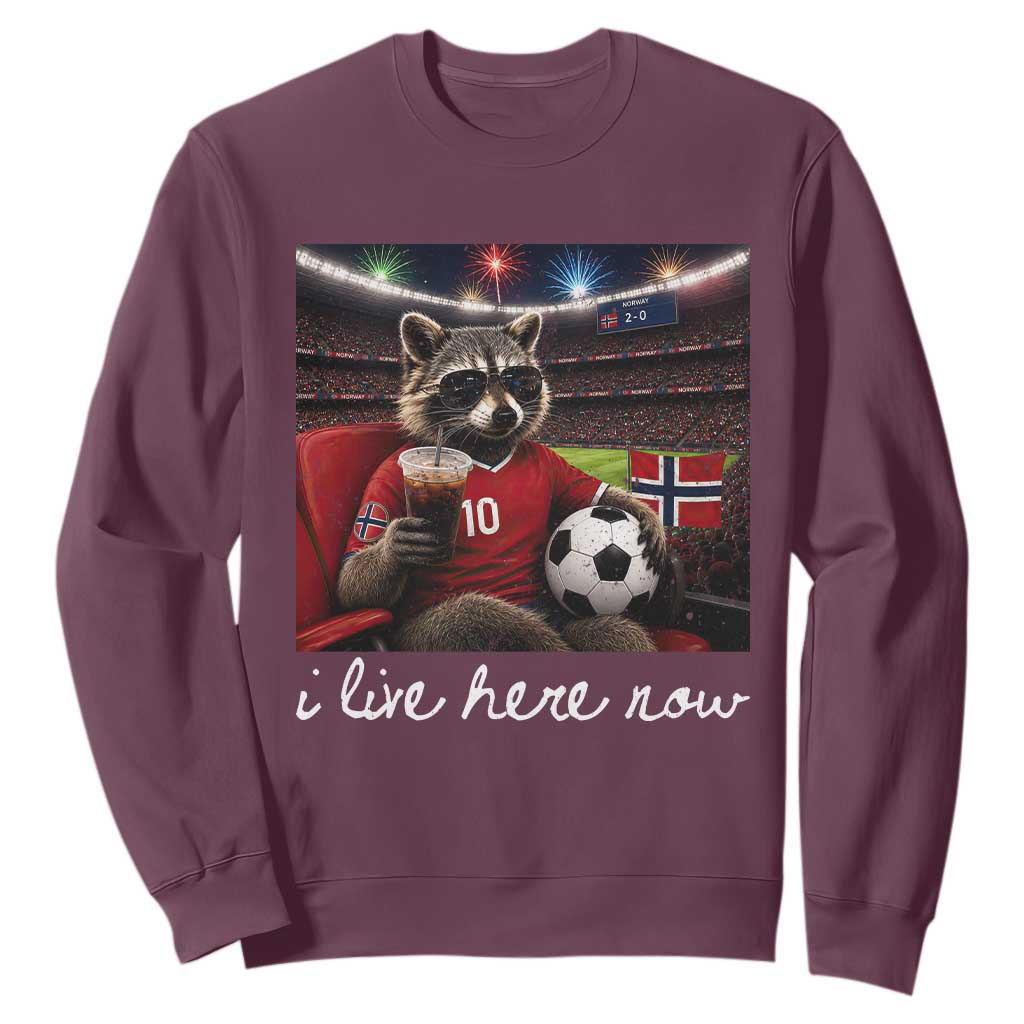 Norway Soccer Football Fan Norge Norwegian Flag Sweatshirt Funny Raccoon Drinking Iced Coffee TS14 Maroon Print Your Wear