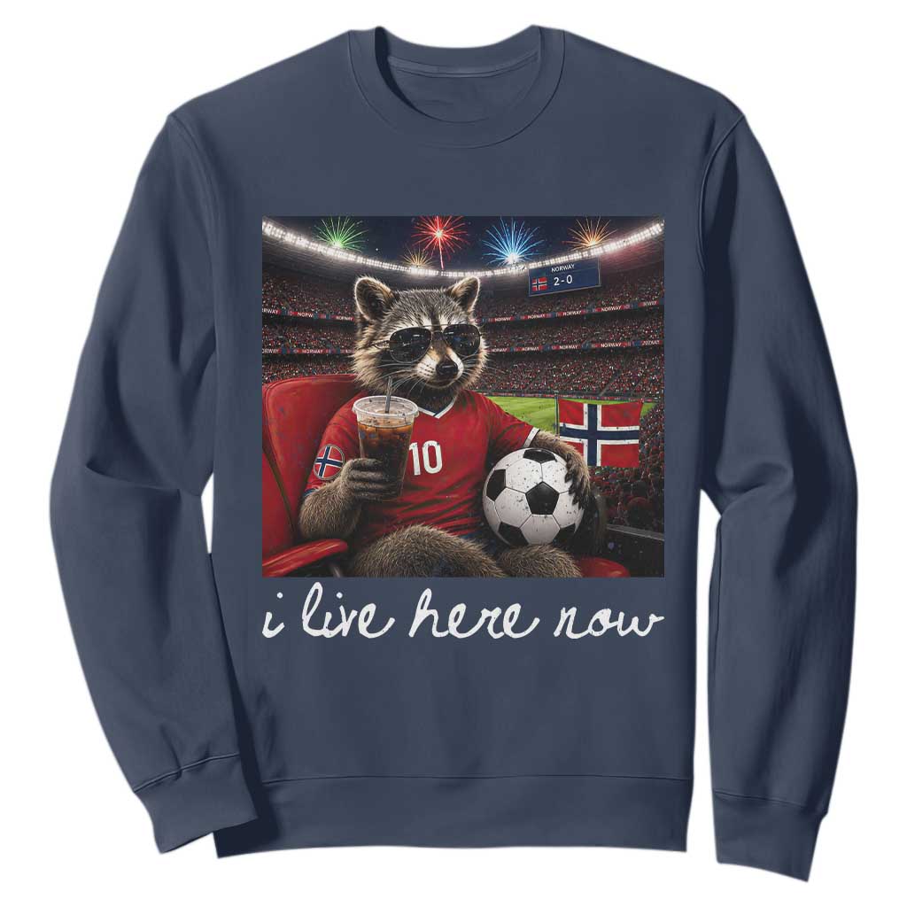 Norway Soccer Football Fan Norge Norwegian Flag Sweatshirt Funny Raccoon Drinking Iced Coffee TS14 Navy Print Your Wear