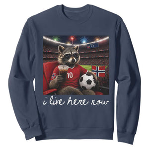 Norway Soccer Football Fan Norge Norwegian Flag Sweatshirt Funny Raccoon Drinking Iced Coffee TS14 Navy Print Your Wear