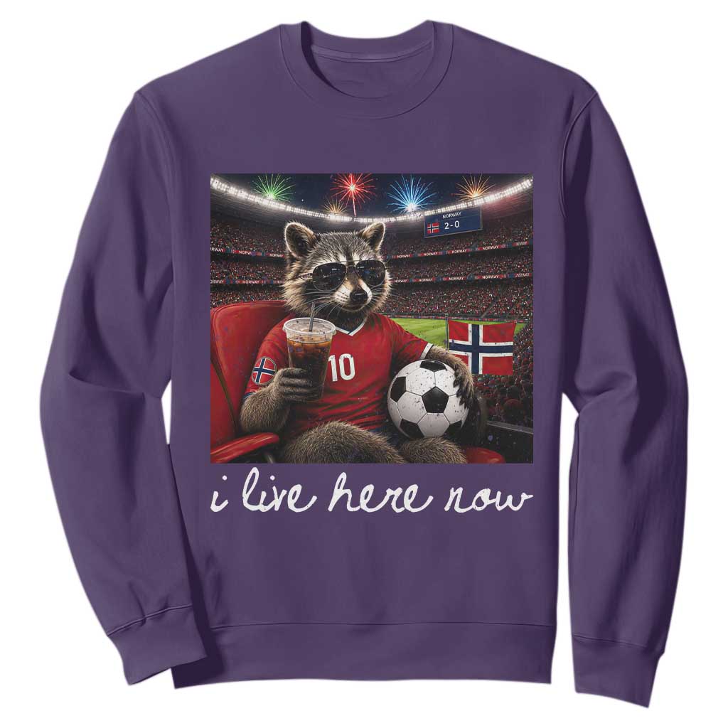 Norway Soccer Football Fan Norge Norwegian Flag Sweatshirt Funny Raccoon Drinking Iced Coffee TS14 Purple Print Your Wear