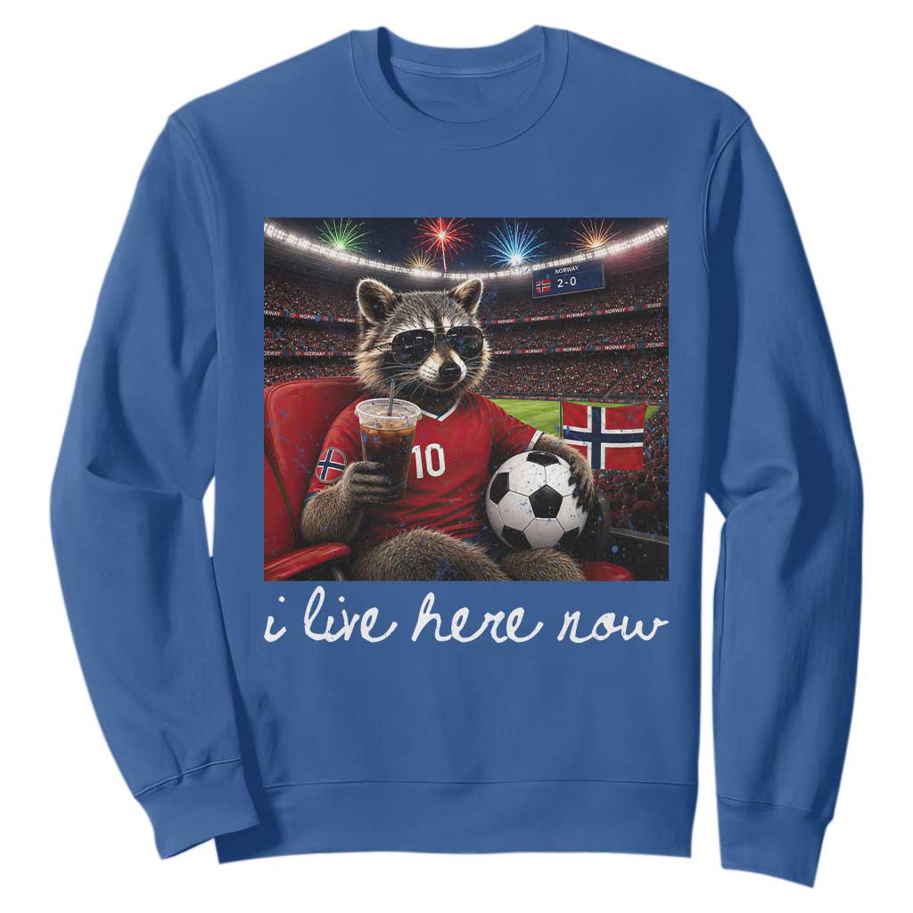 Norway Soccer Football Fan Norge Norwegian Flag Sweatshirt Funny Raccoon Drinking Iced Coffee TS14 Royal Blue Print Your Wear