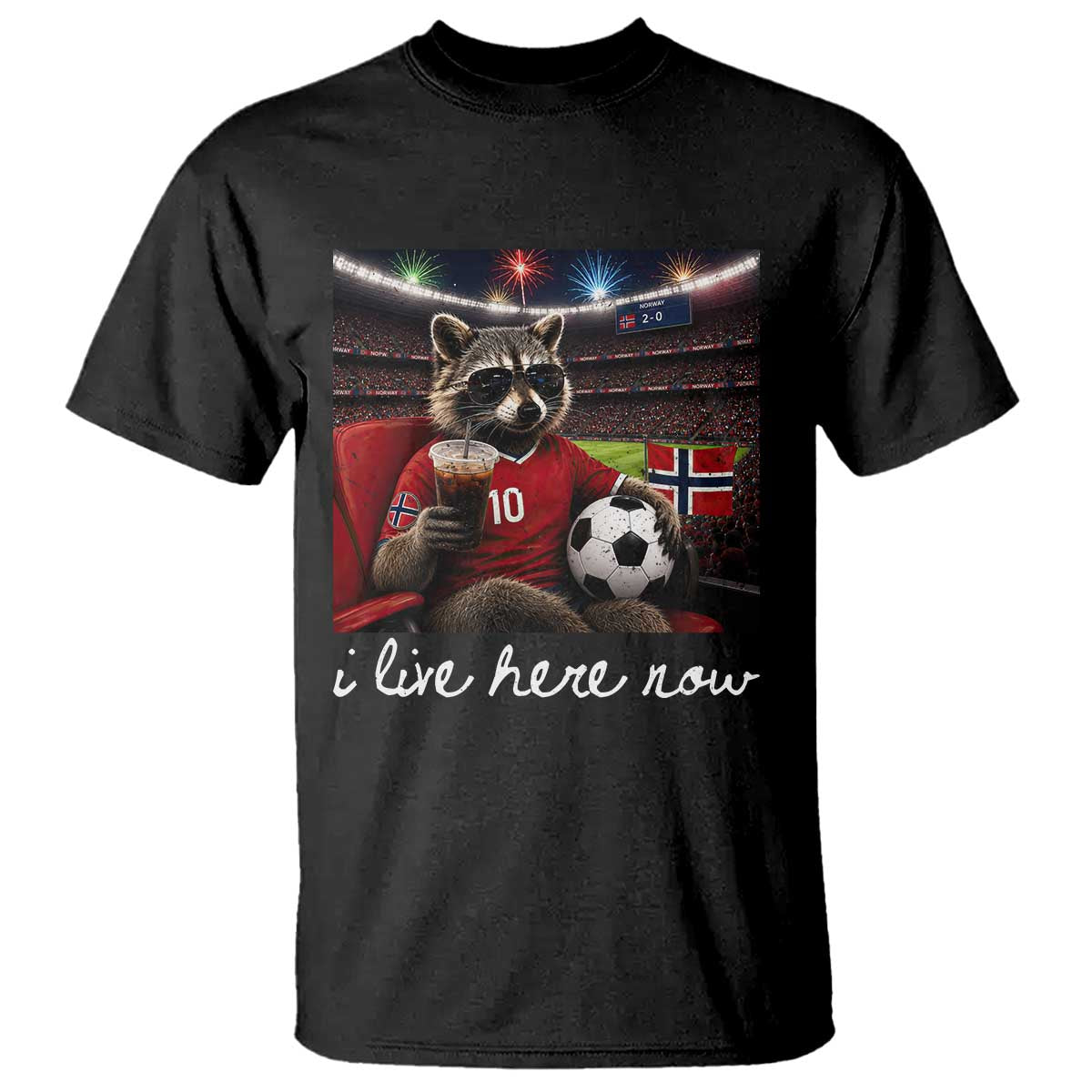 Norway Soccer Football Fan Norge Norwegian Flag T Shirt Funny Raccoon Drinking Iced Coffee TS14 Black Print Your Wear