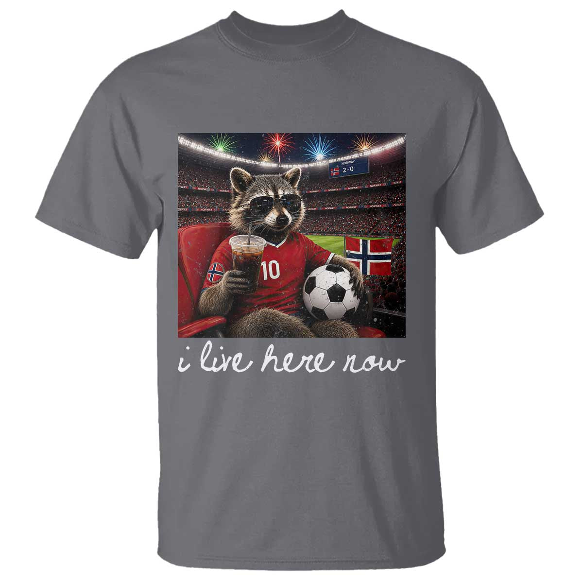 Norway Soccer Football Fan Norge Norwegian Flag T Shirt Funny Raccoon Drinking Iced Coffee TS14 Charcoal Print Your Wear