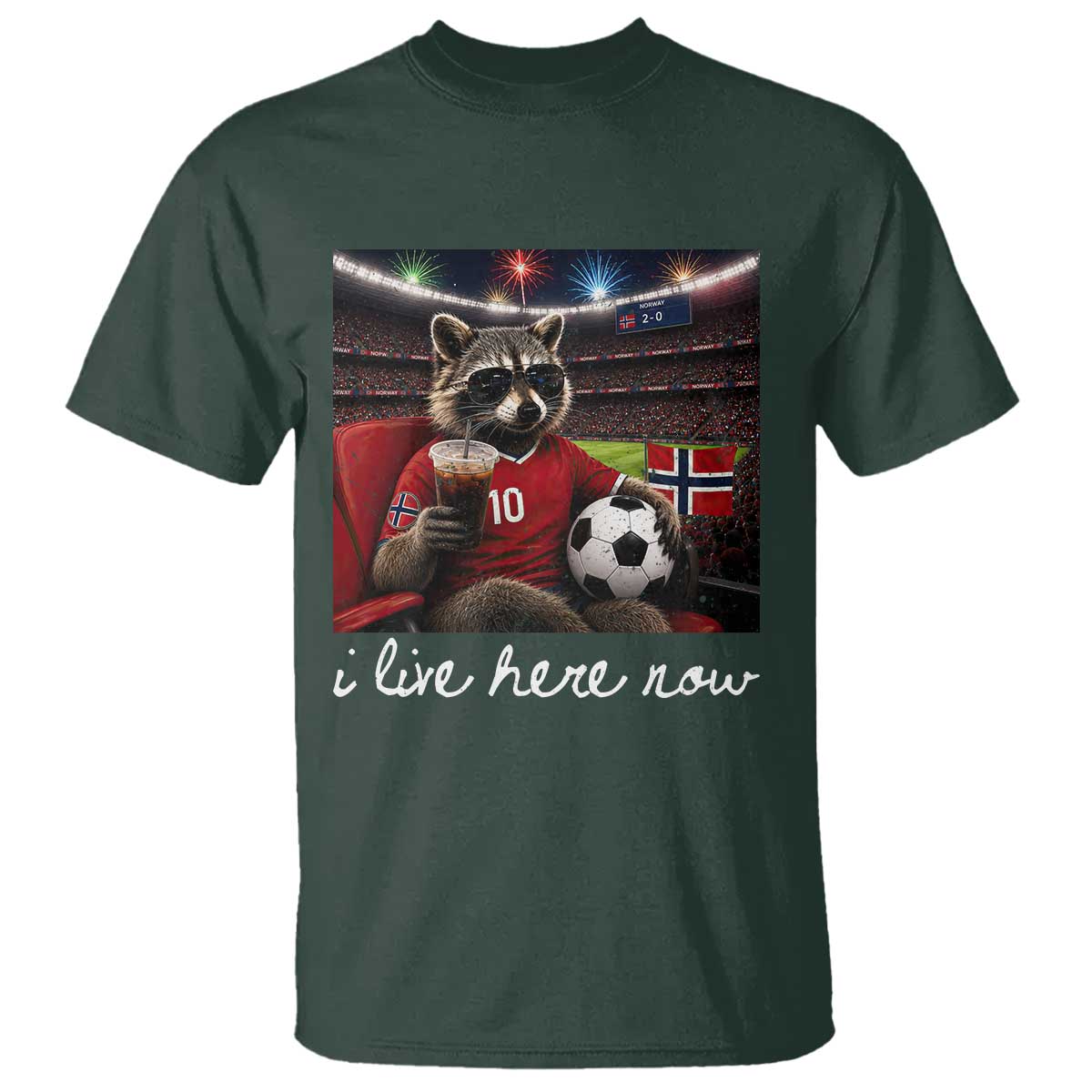 Norway Soccer Football Fan Norge Norwegian Flag T Shirt Funny Raccoon Drinking Iced Coffee TS14 Print Your Wear
