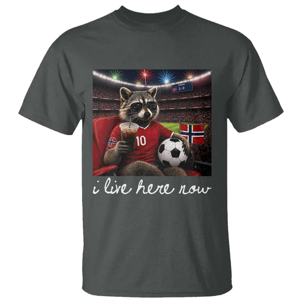 Norway Soccer Football Fan Norge Norwegian Flag T Shirt Funny Raccoon Drinking Iced Coffee TS14 Dark Heather Print Your Wear