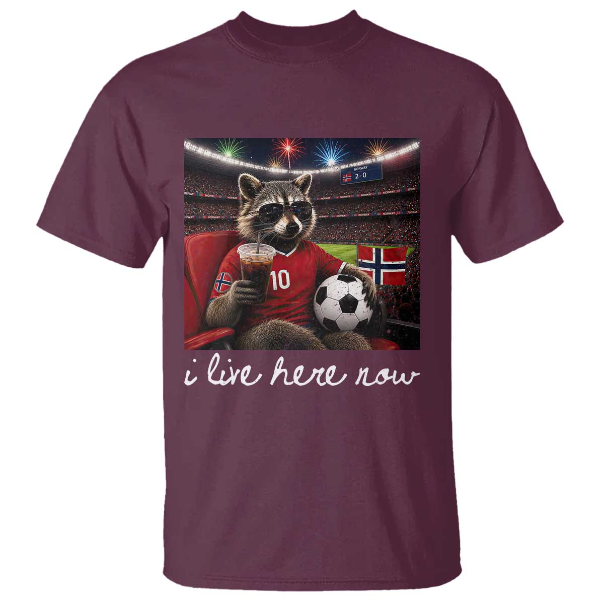 Norway Soccer Football Fan Norge Norwegian Flag T Shirt Funny Raccoon Drinking Iced Coffee TS14 Maroon Print Your Wear