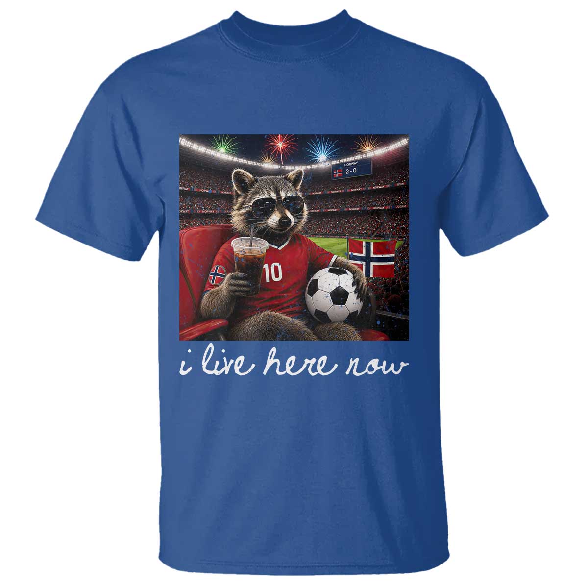 Norway Soccer Football Fan Norge Norwegian Flag T Shirt Funny Raccoon Drinking Iced Coffee TS14 Royal Blue Print Your Wear