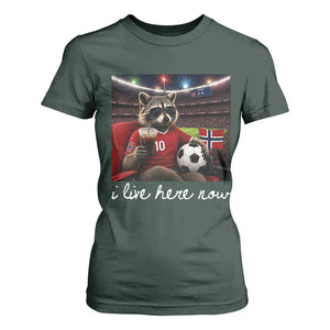 Norway Soccer Football Fan Norge Norwegian Flag T Shirt For Women Funny Raccoon Drinking Iced Coffee TS14 Dark Forest Green Print Your Wear
