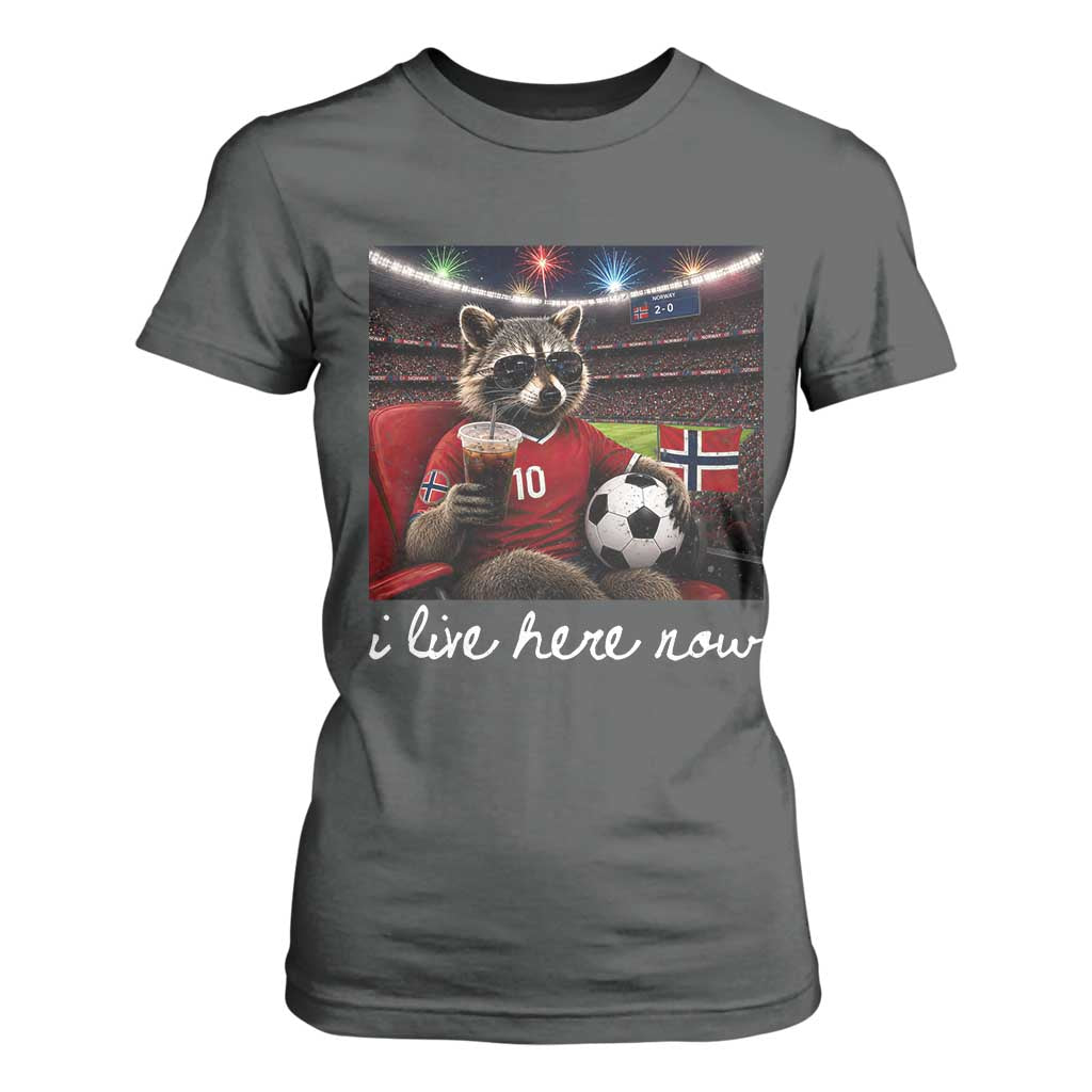 Norway Soccer Football Fan Norge Norwegian Flag T Shirt For Women Funny Raccoon Drinking Iced Coffee TS14 Dark Heather Print Your Wear