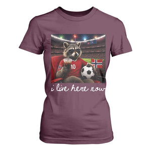 Norway Soccer Football Fan Norge Norwegian Flag T Shirt For Women Funny Raccoon Drinking Iced Coffee TS14 Maroon Print Your Wear