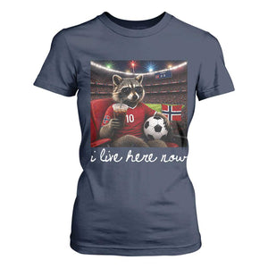 Norway Soccer Football Fan Norge Norwegian Flag T Shirt For Women Funny Raccoon Drinking Iced Coffee TS14 Navy Print Your Wear