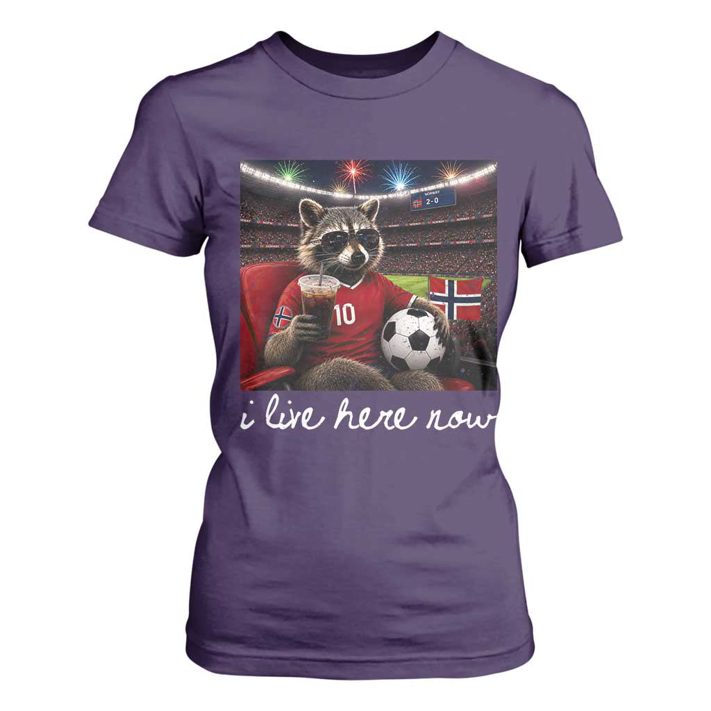 Norway Soccer Football Fan Norge Norwegian Flag T Shirt For Women Funny Raccoon Drinking Iced Coffee TS14 Purple Print Your Wear