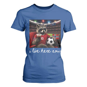Norway Soccer Football Fan Norge Norwegian Flag T Shirt For Women Funny Raccoon Drinking Iced Coffee TS14 Royal Blue Print Your Wear