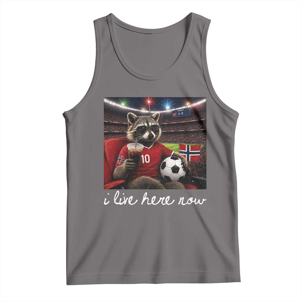 Norway Soccer Football Fan Norge Norwegian Flag Tank Top Funny Raccoon Drinking Iced Coffee TS14 Deep Heather Print Your Wear
