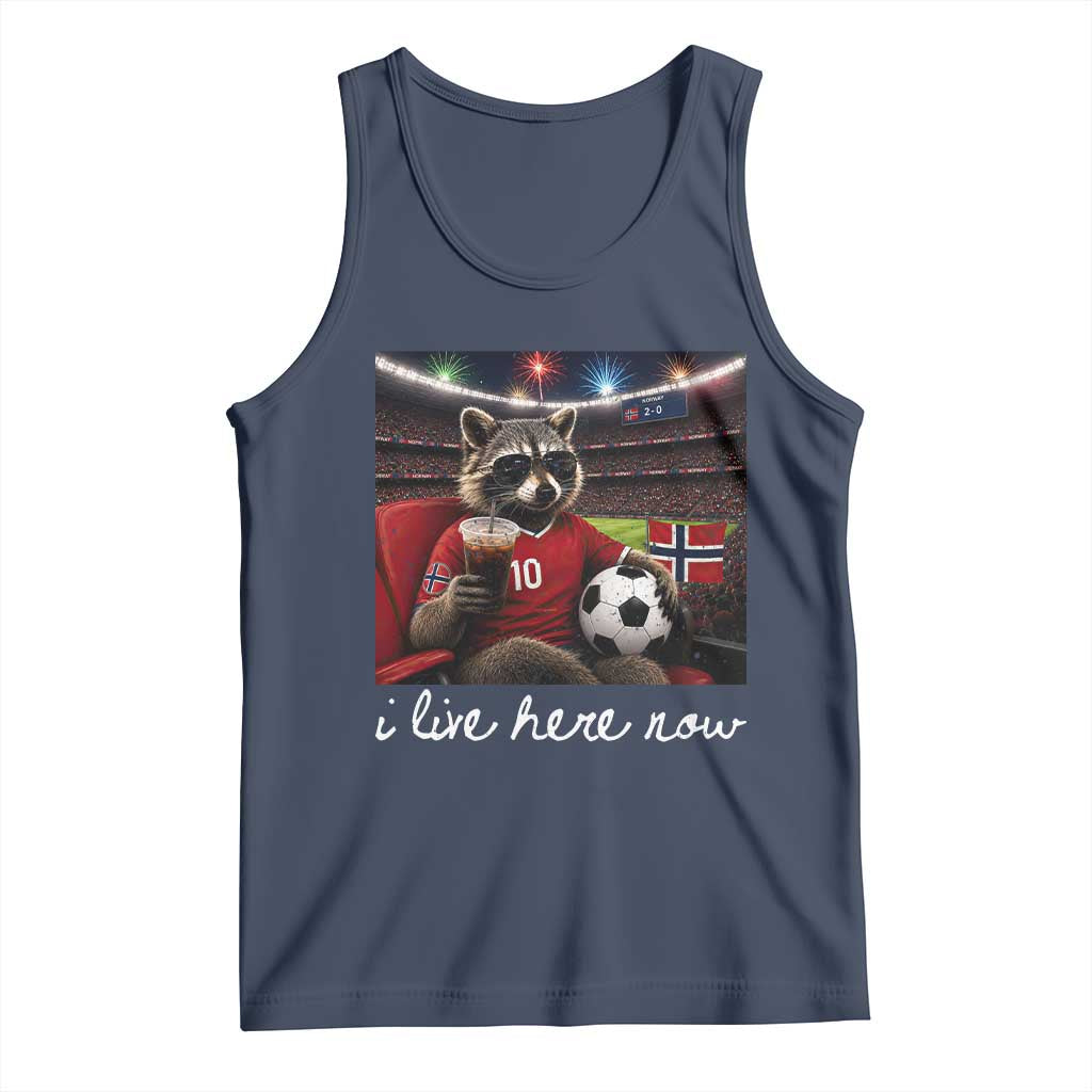 Norway Soccer Football Fan Norge Norwegian Flag Tank Top Funny Raccoon Drinking Iced Coffee TS14 Navy Print Your Wear