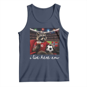 Norway Soccer Football Fan Norge Norwegian Flag Tank Top Funny Raccoon Drinking Iced Coffee TS14 Navy Print Your Wear
