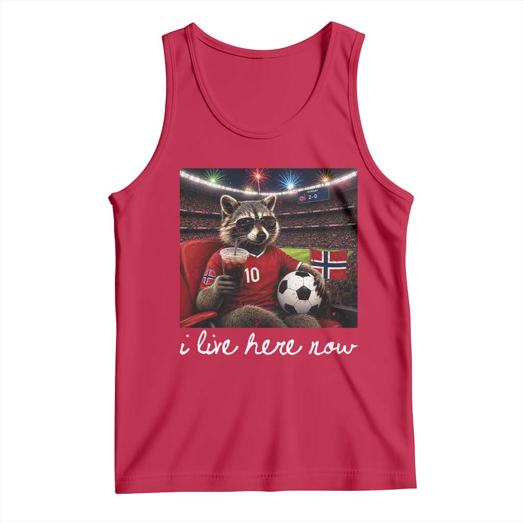 Norway Soccer Football Fan Norge Norwegian Flag Tank Top Funny Raccoon Drinking Iced Coffee TS14 Red Print Your Wear