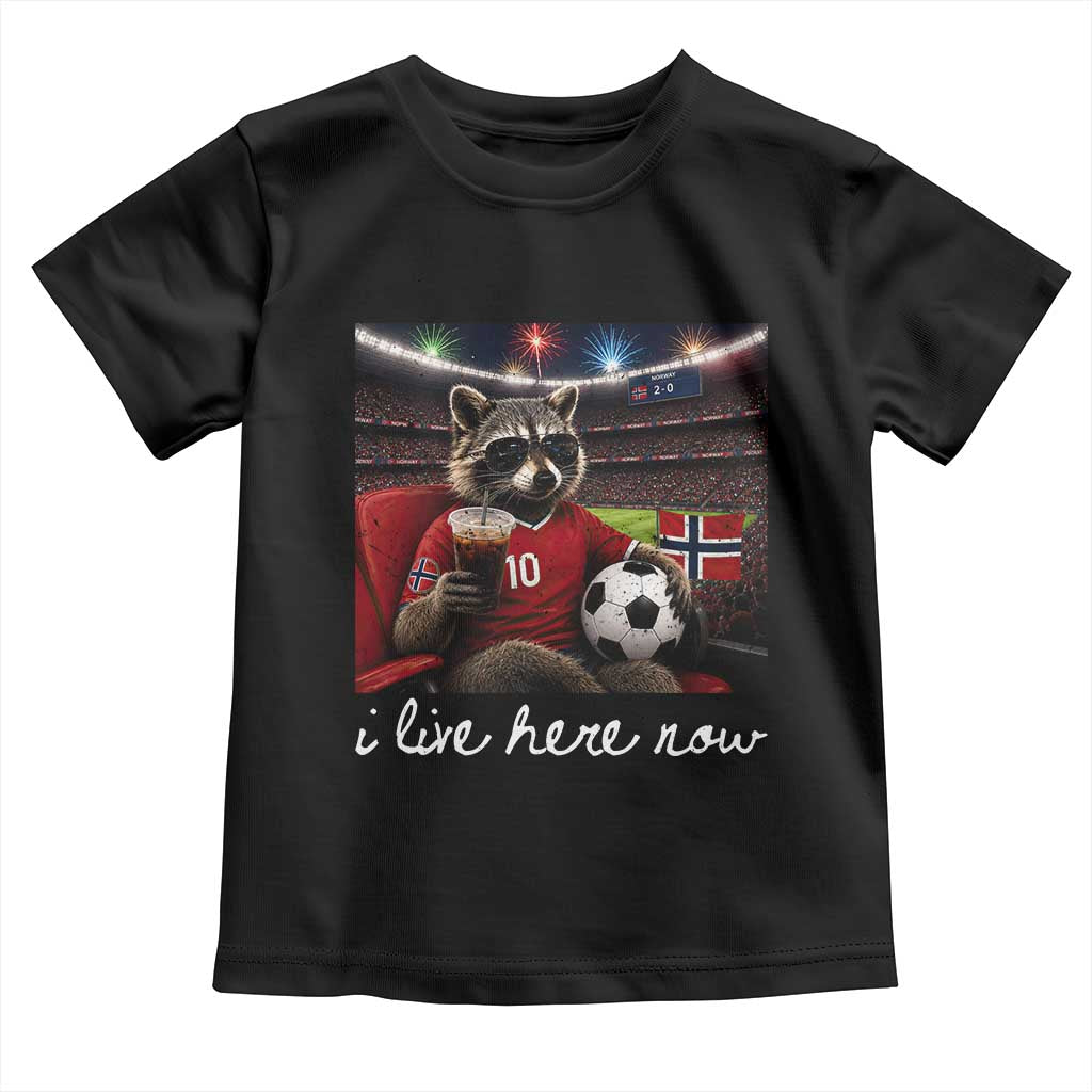 Norway Soccer Football Fan Norge Norwegian Flag Toddler T Shirt Funny Raccoon Drinking Iced Coffee TS14 Black Print Your Wear
