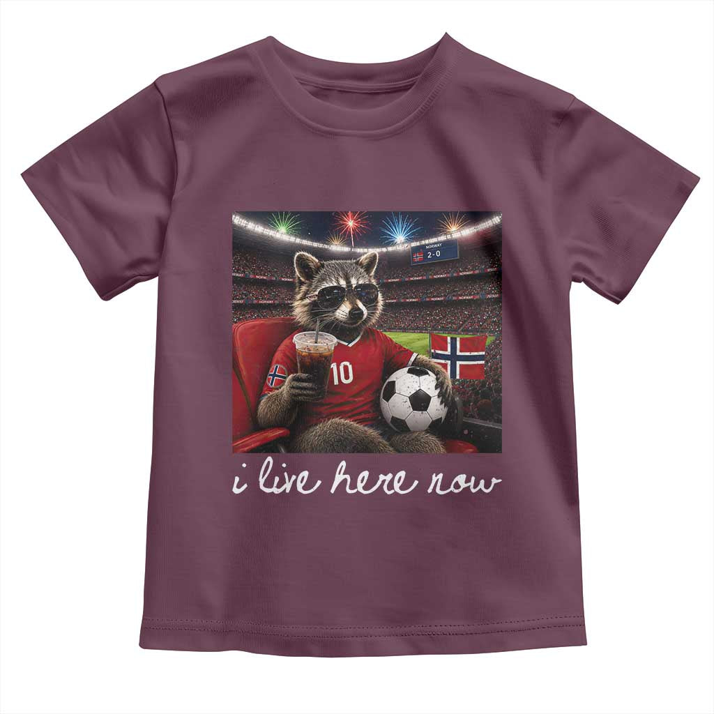 Norway Soccer Football Fan Norge Norwegian Flag Toddler T Shirt Funny Raccoon Drinking Iced Coffee TS14 Maroon Print Your Wear