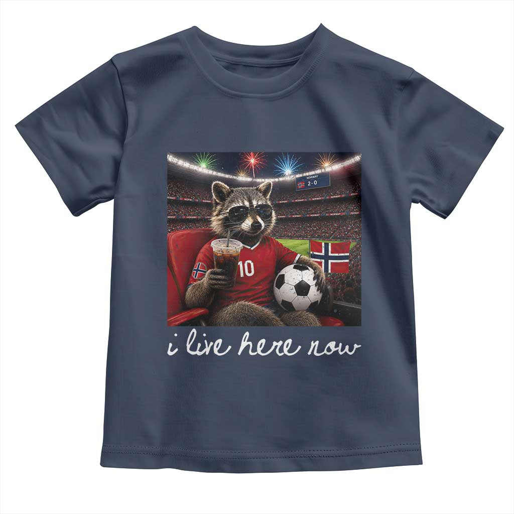 Norway Soccer Football Fan Norge Norwegian Flag Toddler T Shirt Funny Raccoon Drinking Iced Coffee TS14 Navy Print Your Wear