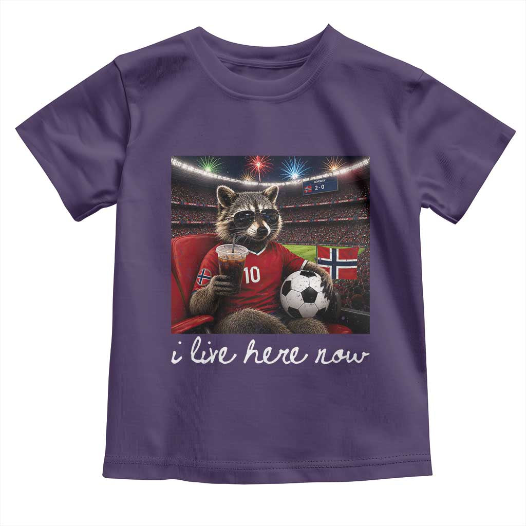 Norway Soccer Football Fan Norge Norwegian Flag Toddler T Shirt Funny Raccoon Drinking Iced Coffee TS14 Purple Print Your Wear